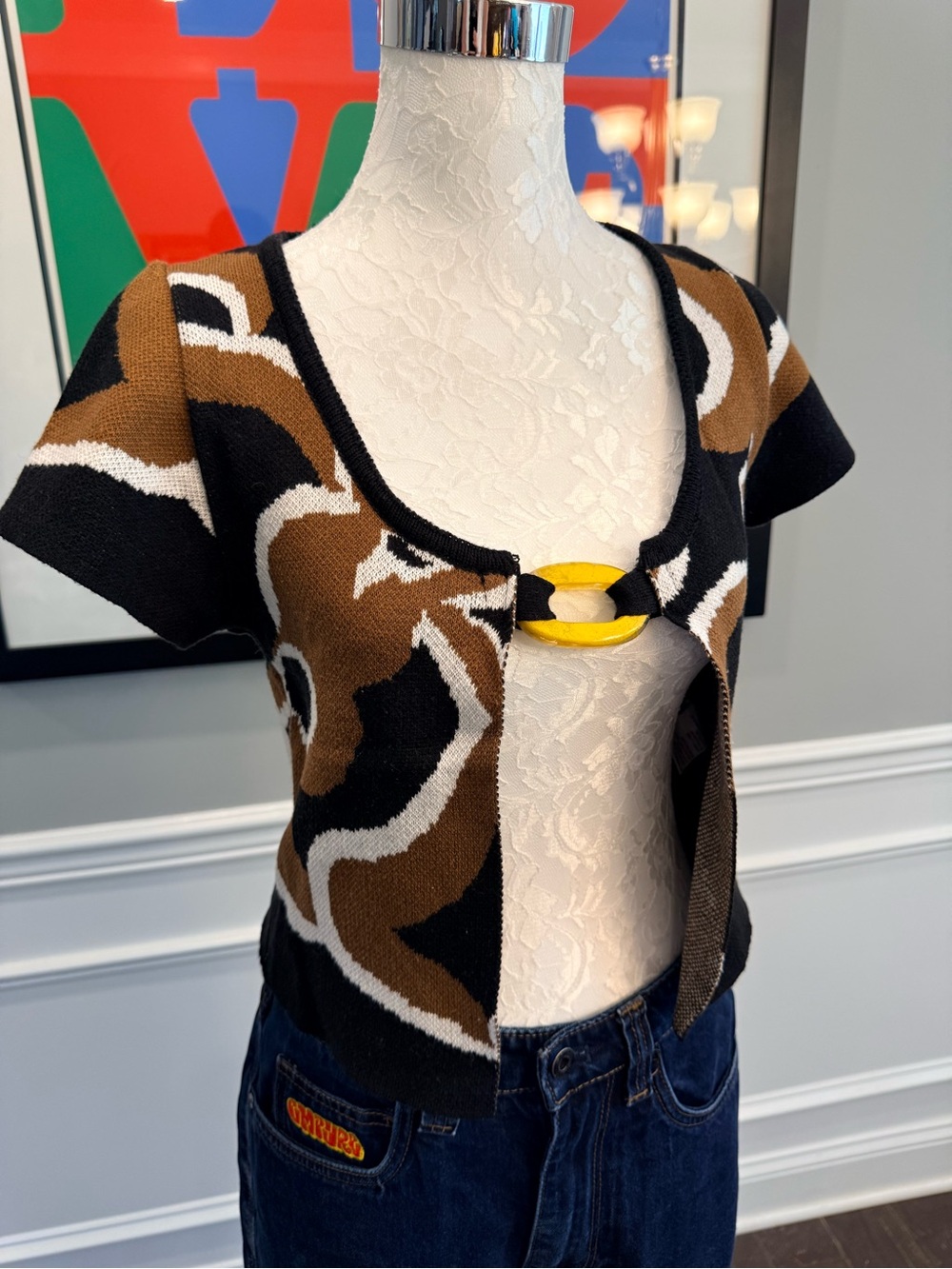 Mandinga Uruguay Abstract Knit Short Sleeve Cardigan Top, Size S